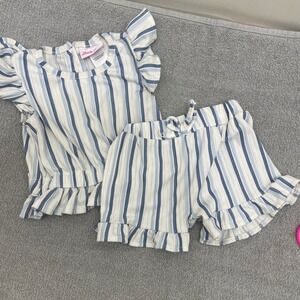 Little Lass Baby Girls Blue White Striped Ribbed Ruffle Short Set 12M RN167639